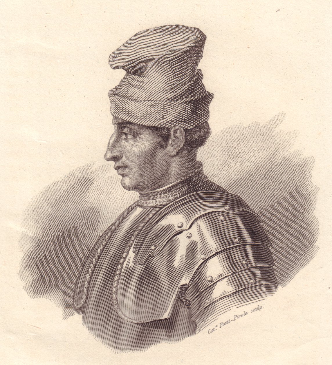 Ritratto del condottiero italiano Niccolò Fortebraccio detto della Stella, incisione in rame di Caterina Piotti-Pirola da Unbekannt Unbekannt