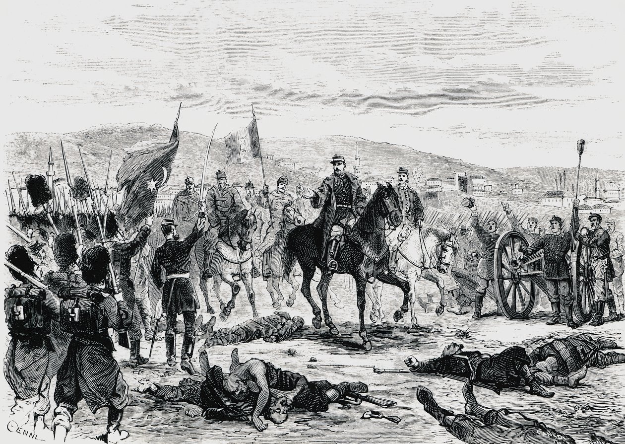 Il principe Carol di Romania ispeziona le truppe dopo la quarta battaglia di Pleven, guerra russo-turca da Unbekannt Unbekannt