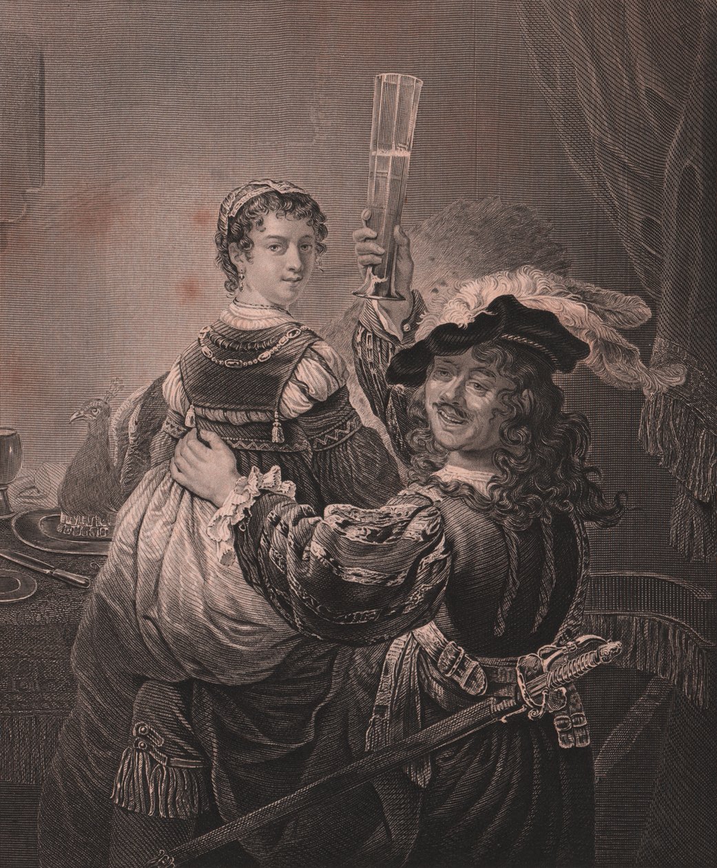 Rembrandt con sua moglie Saskia, incisione di H Payne da un dipinto di Rembrandt, dalla Royal Dresden Gallery di Payne, di Albert Henry Payne, H Payne Dresden e Leipzig Publisher, circa 1840 da Unbekannt Unbekannt