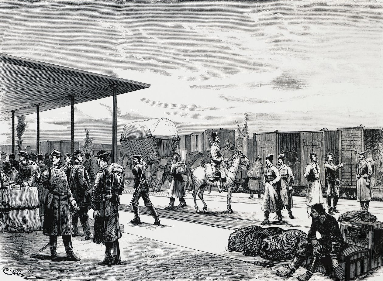 Convoglio militare russo alla stazione di Bustiu, sulla ferrovia Bucarest-Galati, guerra russo-turca, incisione, Romania da Unbekannt Unbekannt