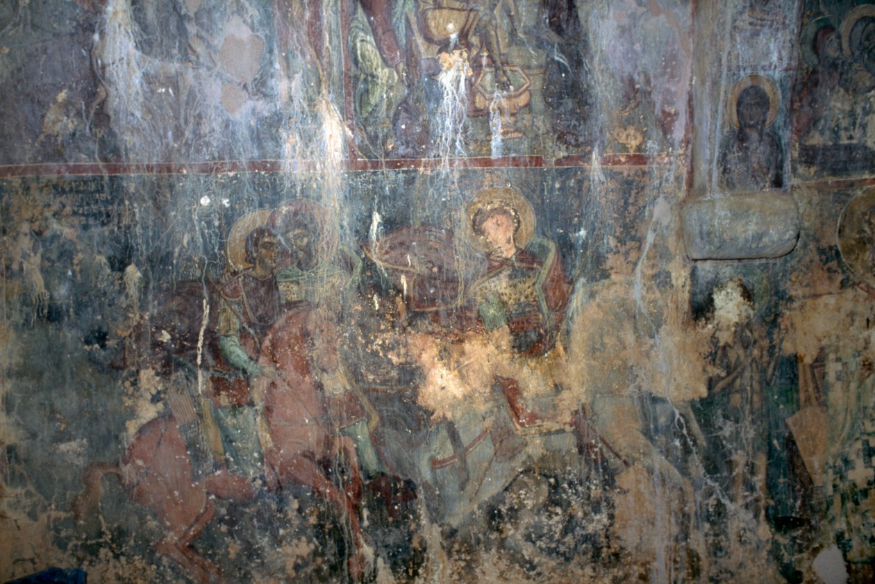 Santi a cavallo, affresco nella chiesa bizantina di Agios Athanasios, Kefali, Creta, Grecia (foto) da Unbekannt Unbekannt