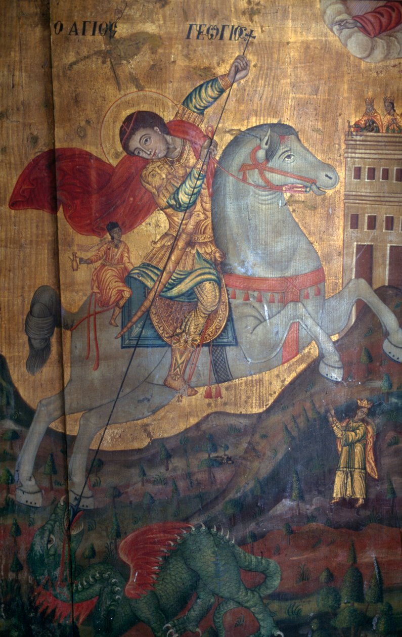 San Giorgio e il Drago, (dettaglio) di pannello di legno nella chiesa di Agia Paraskevi, Anisaraki, Creta, Grecia (foto) da Unbekannt Unbekannt