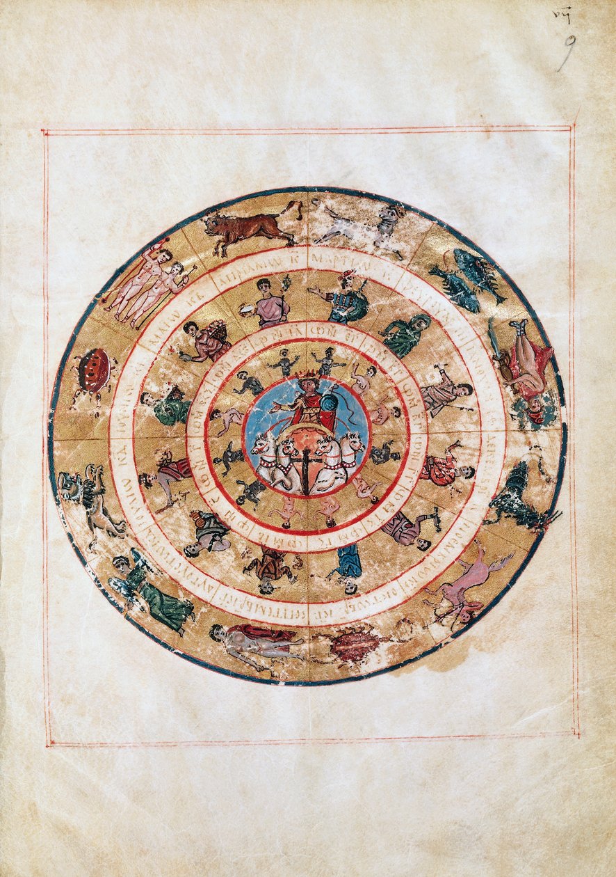 Il carro del Sole e i segni dello Zodiaco, miniatura da un manoscritto del primo Medioevo, tavola astronomica di Tolomeo (ca 100-175), civiltà ellenistica da Unbekannt Unbekannt