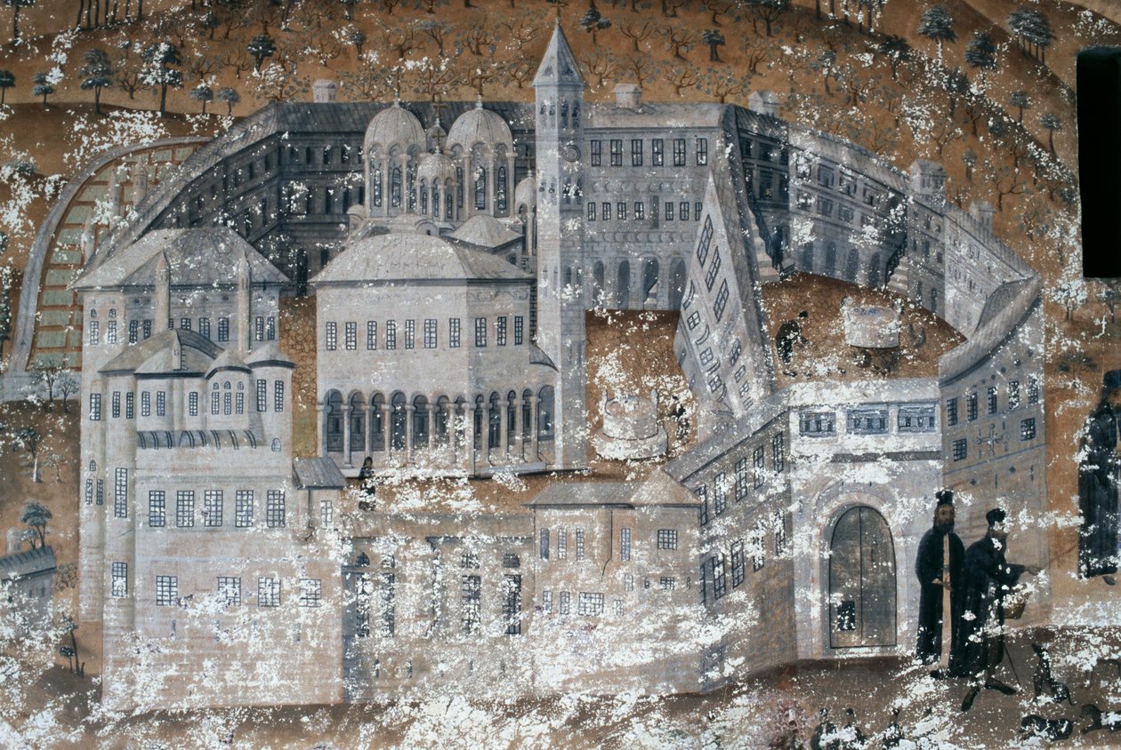 Vista del monastero, affresco nel monastero di Ikosifinissis, vicino a Serres, Grecia da Unbekannt Unbekannt