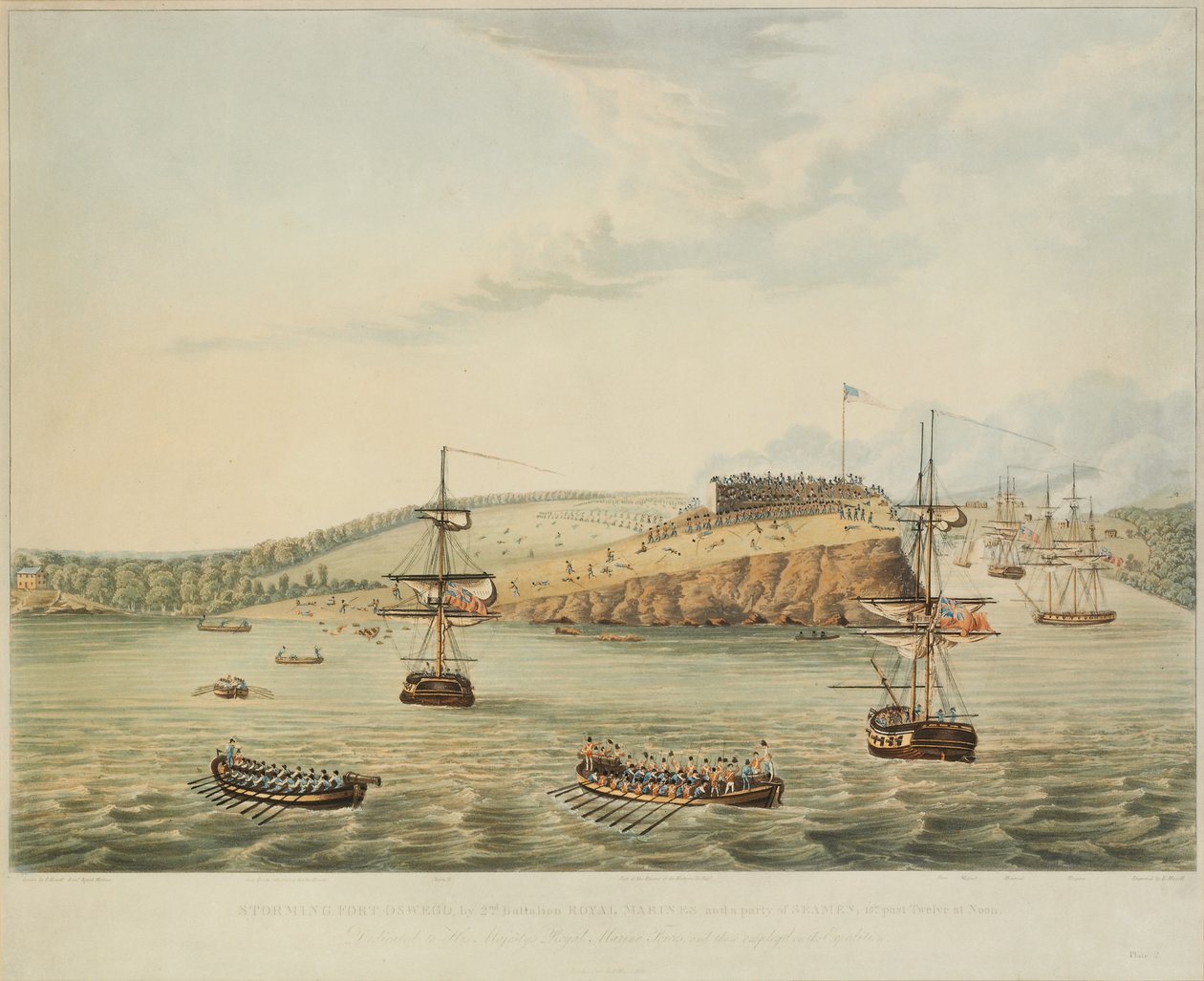 Attacco al Forte Oswego, Lago Ontario, N. America. 6 maggio 1814, mezzogiorno, e assalto al Forte Oswego da parte del Secondo Battaglione dei Royal Marines e di un gruppo di marinai, 15 minuti dopo mezzogiorno, inciso da R. Havell, 1815 da Lieutenant J. Hewitt