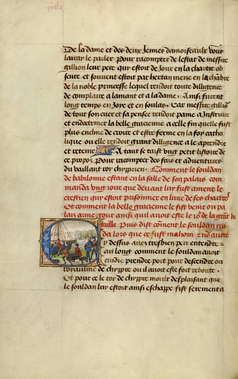 Iniziale C: Truppe che caricano provviste su una nave da Lieven van Lathem
