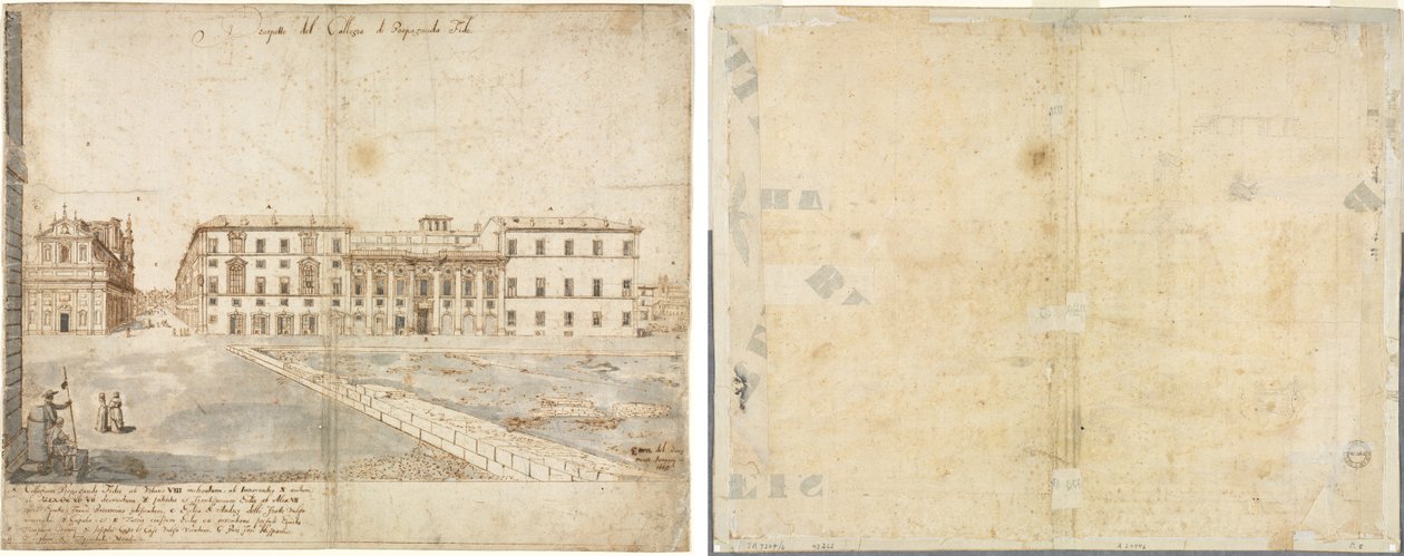 Diciotto vedute di Roma: Il Collegio di Propaganda Fide (recto); Schizzi di finestre e pilastri del piano attico del Collegio di Propaganda Fide (verso) da Lievin Cruyl