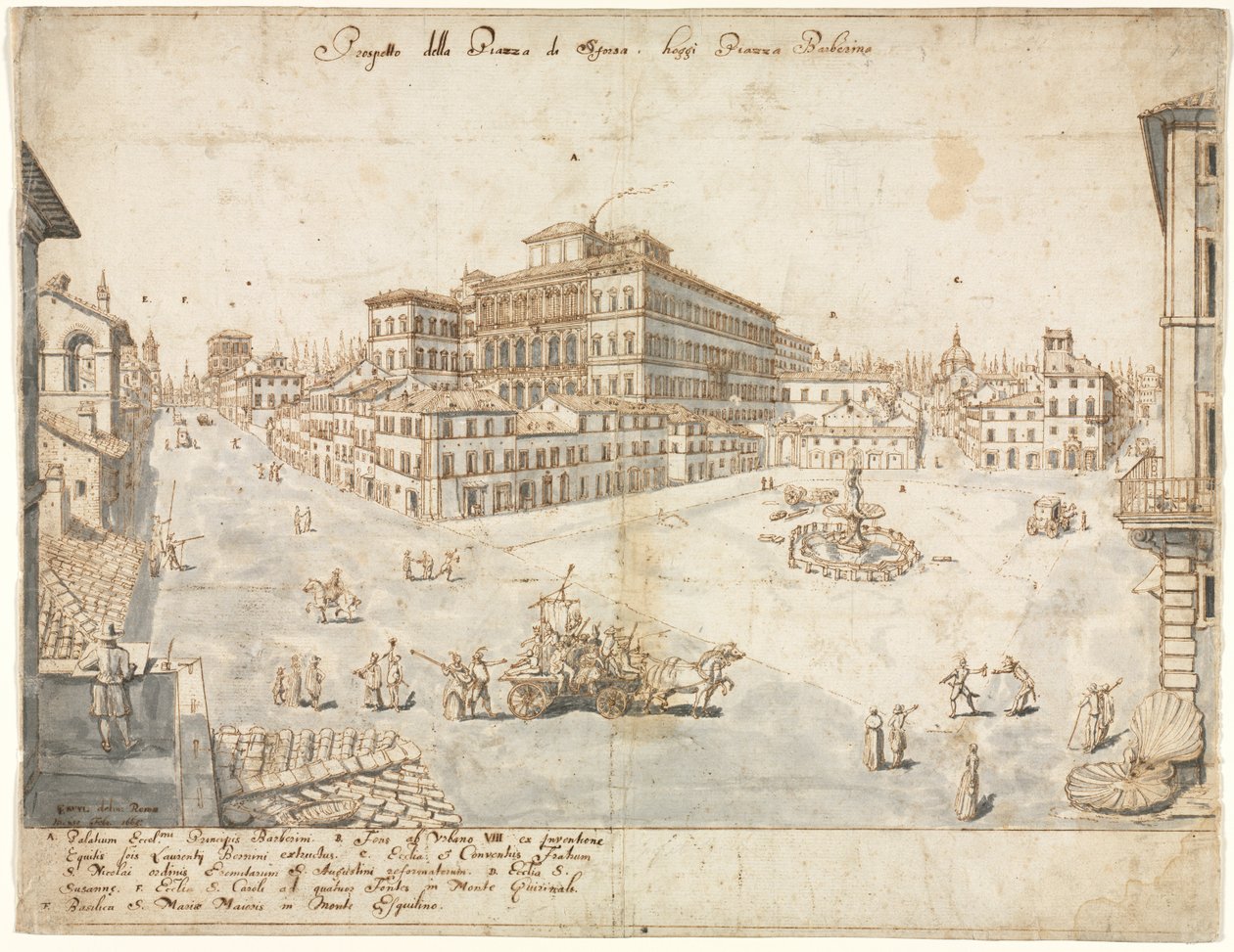 Diciotto vedute di Roma: La Piazza Barberini recto..., 1665 da Lievin Cruyl