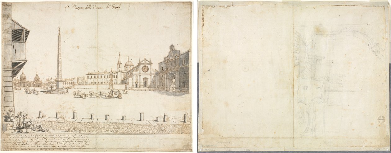 Diciotto vedute di Roma: Piazza del Popolo (recto); Schizzo per San Giovanni in Laterano (verso) da Lievin Cruyl