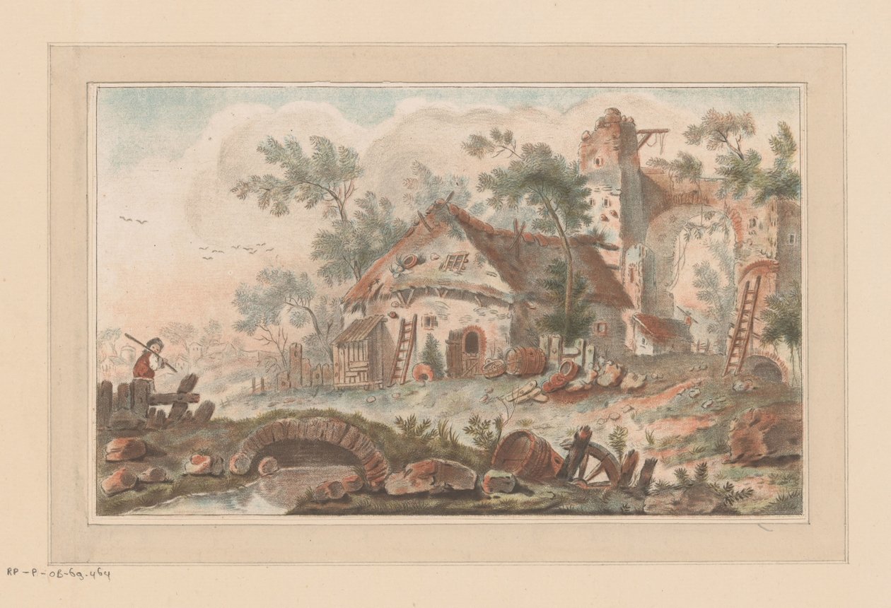 Casa davanti a una porta della città in rovina, con in primo piano un uomo su un ponte da Liger (attributed to)