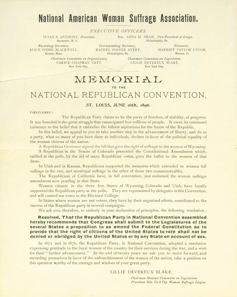 Memoriale della Convenzione Nazionale Repubblicana da Lillie Devereux Blake