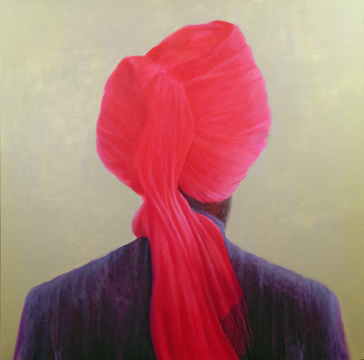 Turbante rosso, giacca viola da Lincoln Seligman