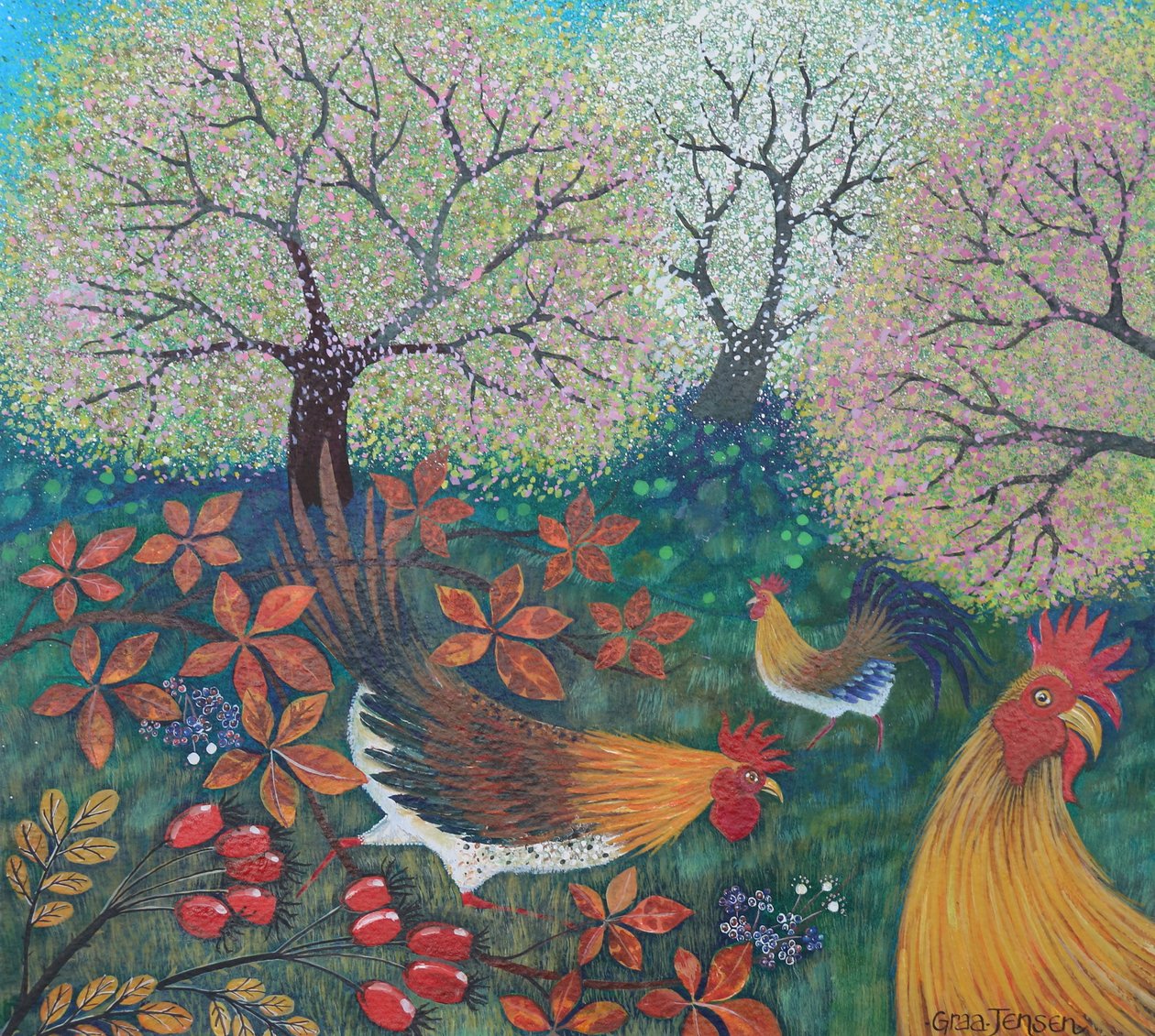 Galline di Pasqua, 2024 (acrilici su carta) da Lisa Graa Jensen