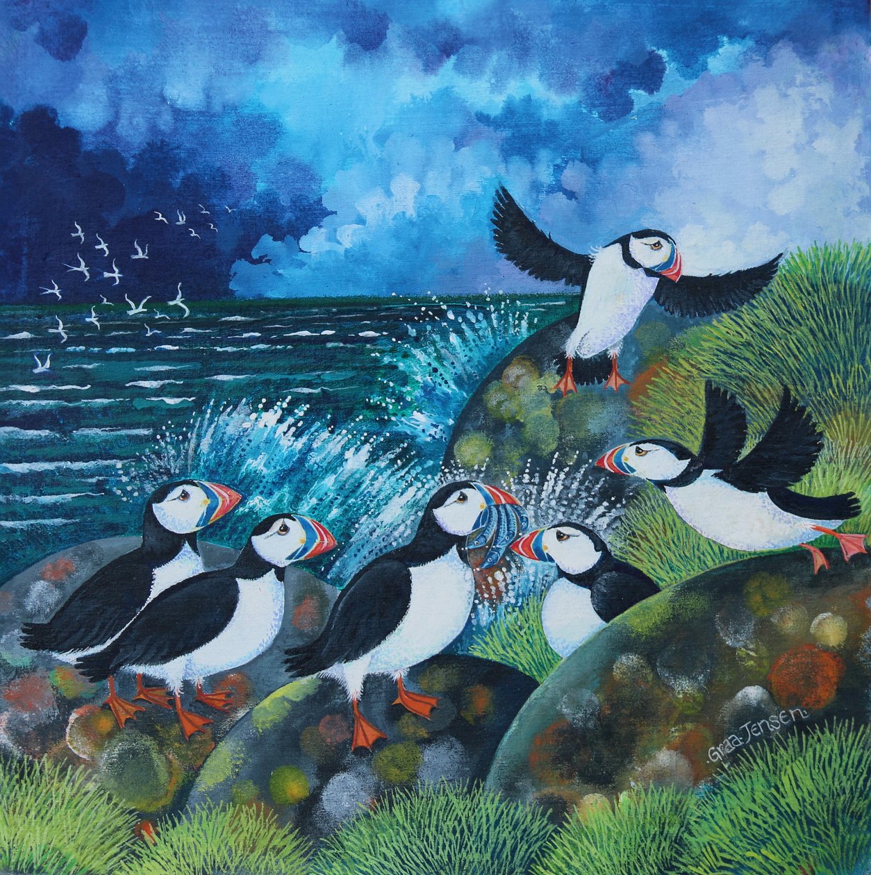 Pappagalli del mare, 2024 (acrilici su lino) da Lisa Graa Jensen