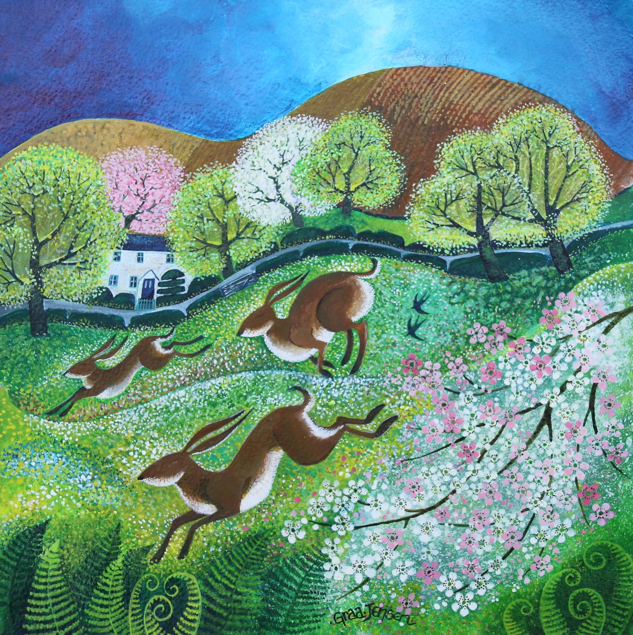 Lepri di primavera 2, 2025 (acrilici su tela) da Lisa Graa Jensen
