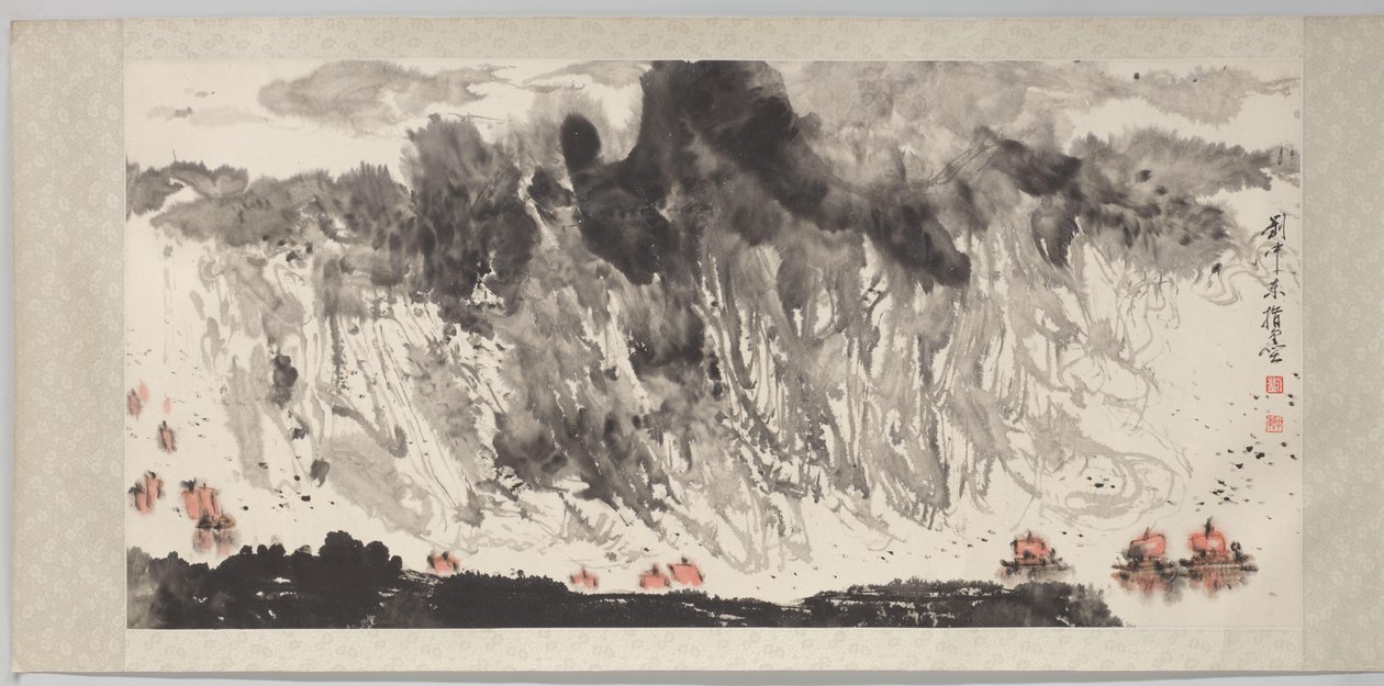 Dipinto a dita di paesaggio con navi da Liu Zhongdong