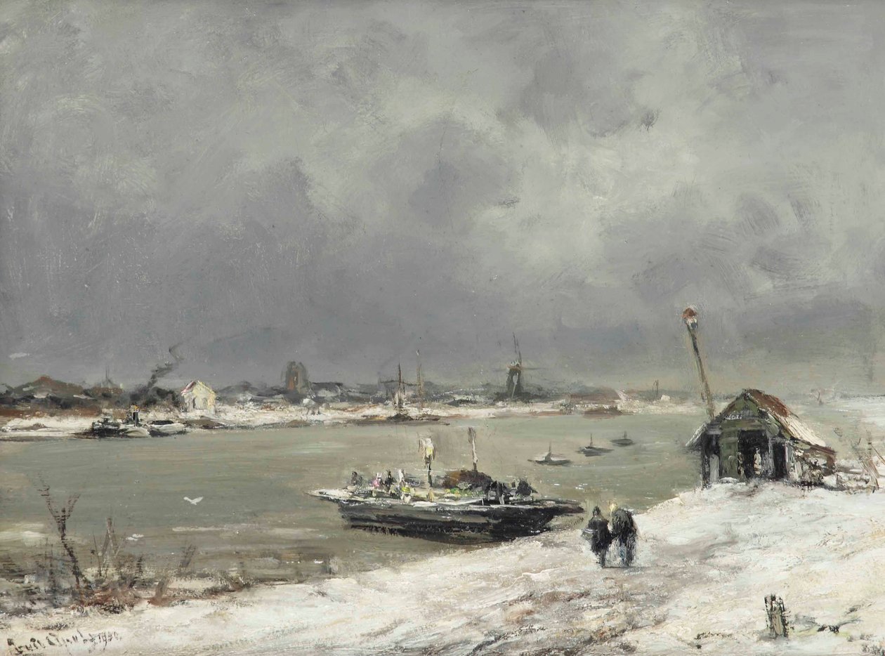 Un traghetto che attraversa vicino a Wijk bij Duurstede in inverno da Lodewijk Frederik Hendrik Apol