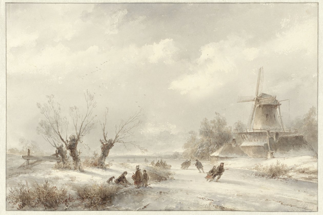 Paesaggio invernale con pattinatori vicino a un mulino da Lodewijk Johannes Kleijn