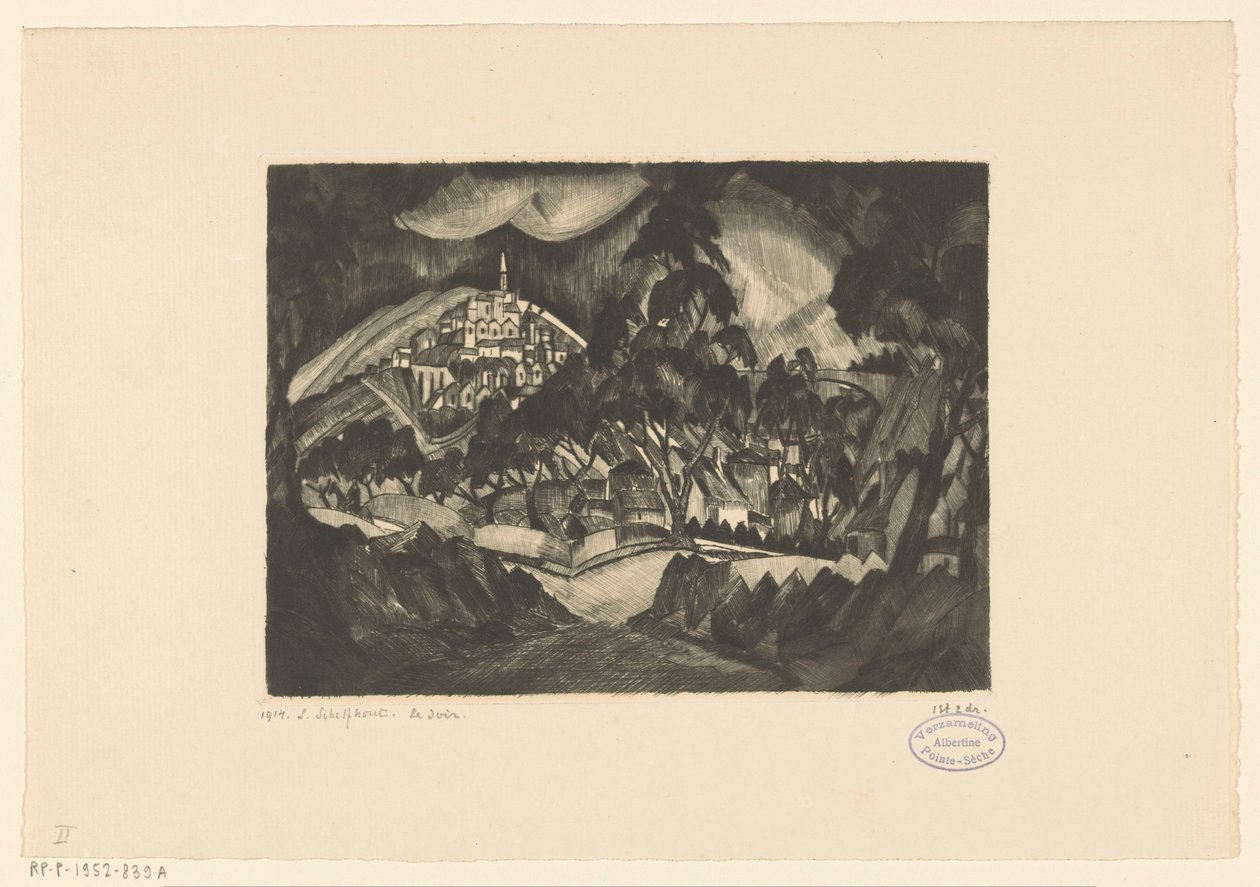 Paesaggio collinare con alberi e edifici da Lodewijk Schelfhout (signed by artist)