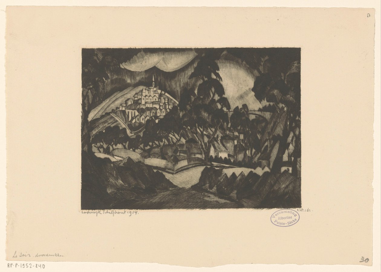 Paesaggio collinare con alberi e edifici da Lodewijk Schelfhout (signed by artist)