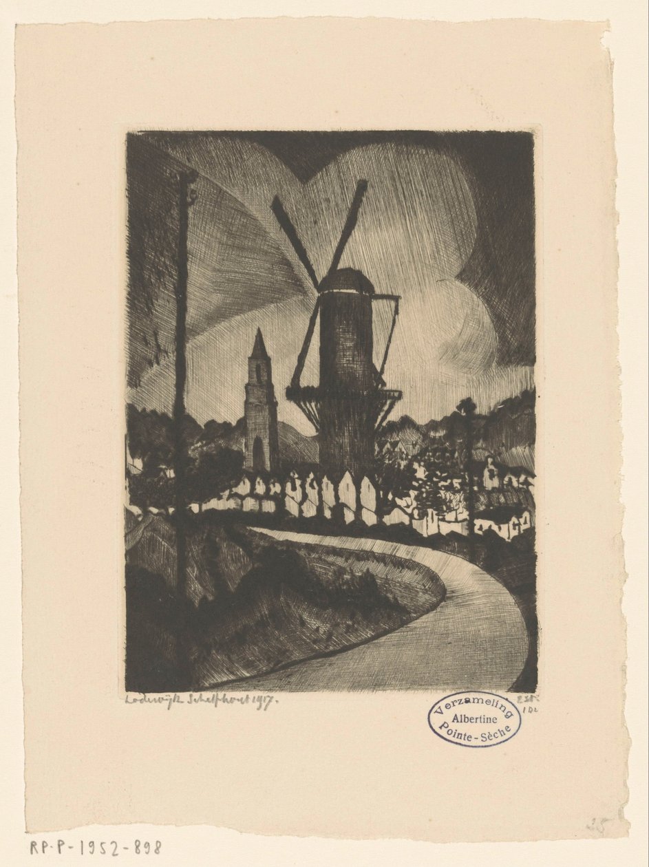 Paesaggio collinare con mulino da Lodewijk Schelfhout (signed by artist)