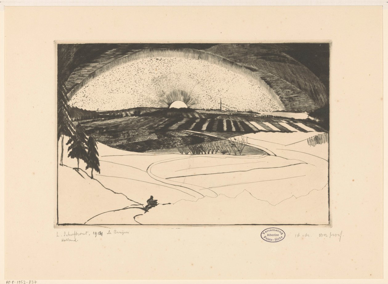 Sole che sorge o tramonta sopra un paesaggio collinare da Lodewijk Schelfhout (signed by artist)