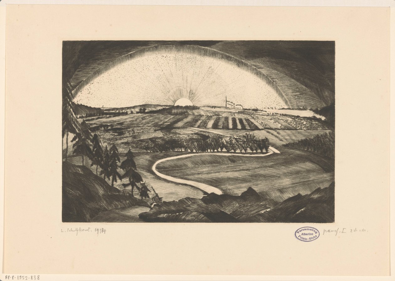 Sole che sorge o tramonta sopra un paesaggio collinare da Lodewijk Schelfhout (signed by artist)