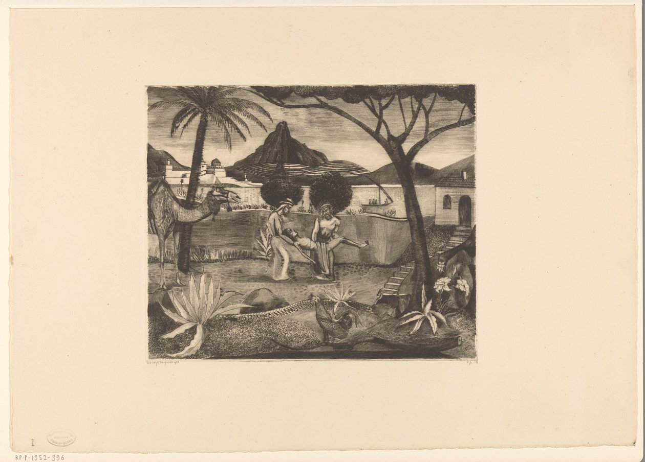 Due uomini che trasportano un uomo in un giardino da Lodewijk Schelfhout (signed by artist)
