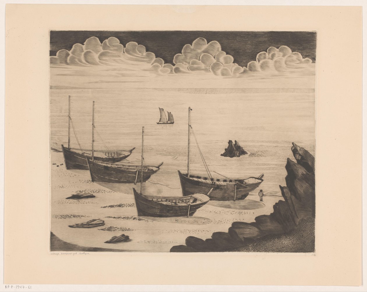 Quattro navi ancorate su una spiaggia bretone da Lodewijk Schelfhout (signed by artist)