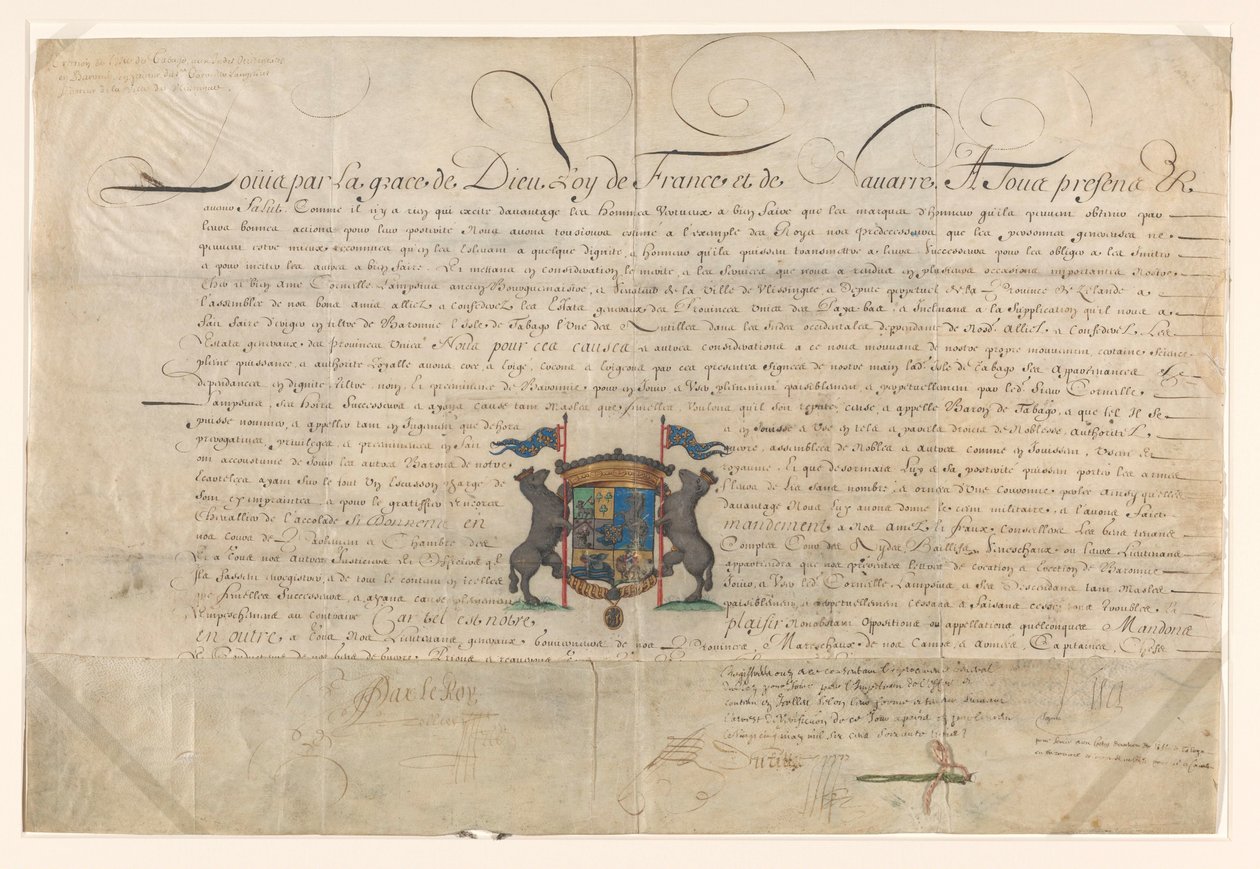 Diploma con cui Luigi XIV elevò Cornelis Lampsins a barone di Tobago e cavaliere dell