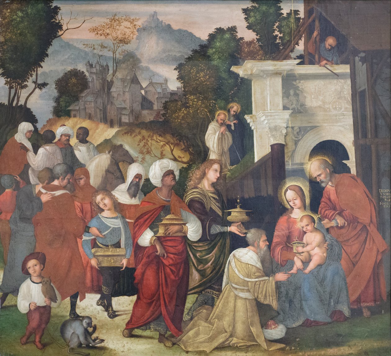 Adorazione dei Magi con i santi Bernardo e Alderico nel paesaggio da Lodovico Mazzolino