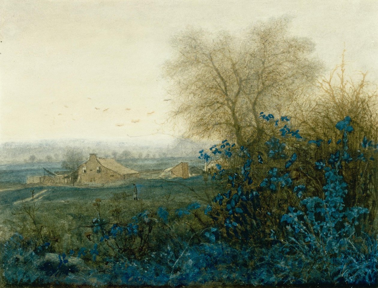 Paesaggio con una fattoria e un contadino che spinge una carriola da Léon Bonvin