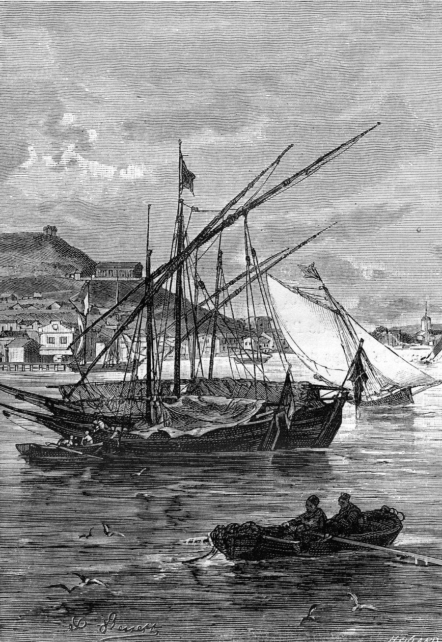 Illustrazione del romanzo di Jules Verne "Keraban il testardo", collezione Hetzel / viaggi straordinari 1883. Disegno di Leon Benett: il porto di Kertsch (Crimea), sullo stretto di Iénikale, tra il Mar Nero e il Mar d