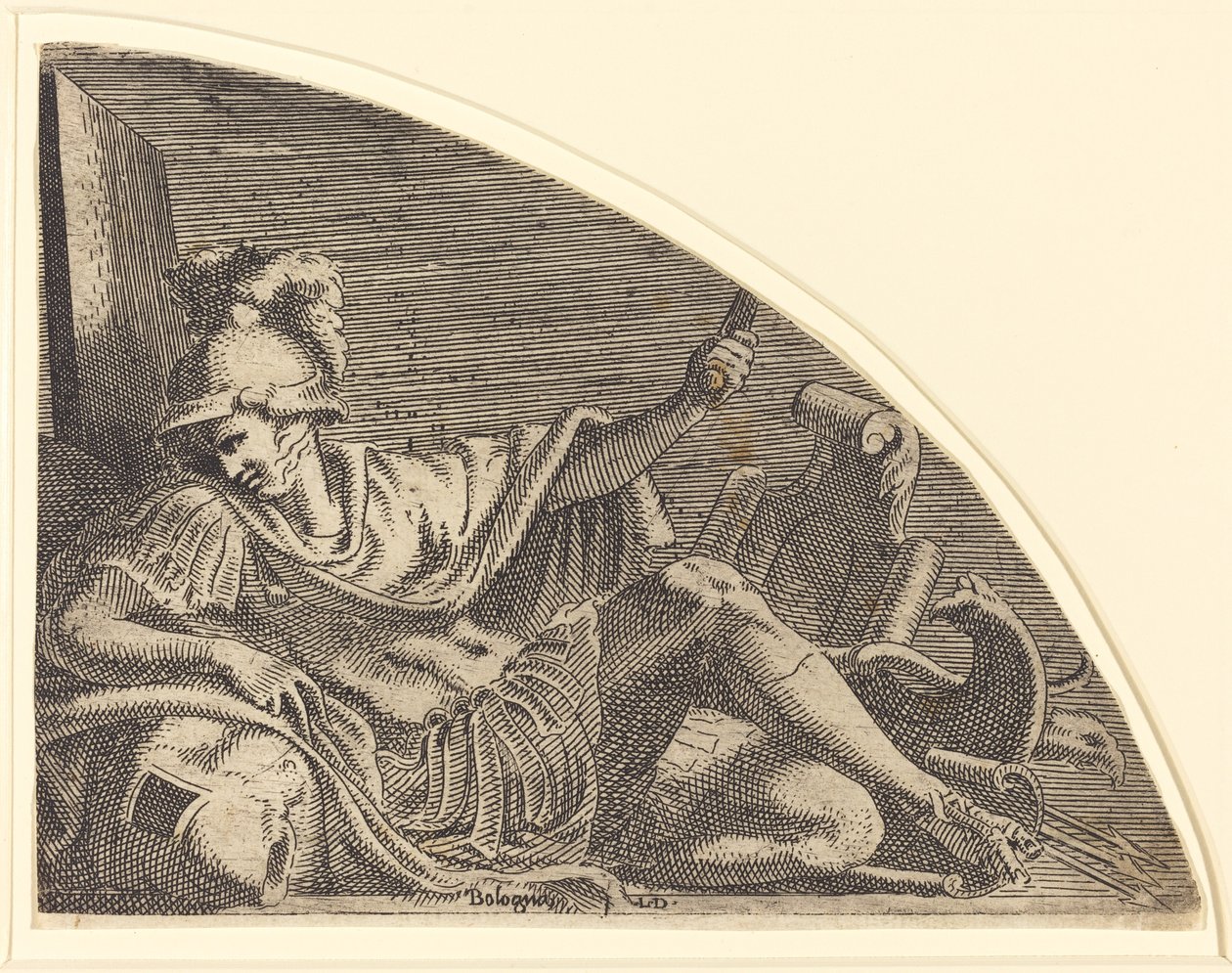 Marte Seduto sui Trofei da Léon Davent after Francesco Primaticcio