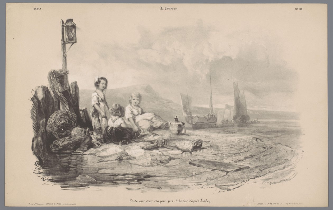 Tre bambini che giocano in una baia (Rappresentazioni della vita rurale) da Léon Jean Baptiste Sabatier