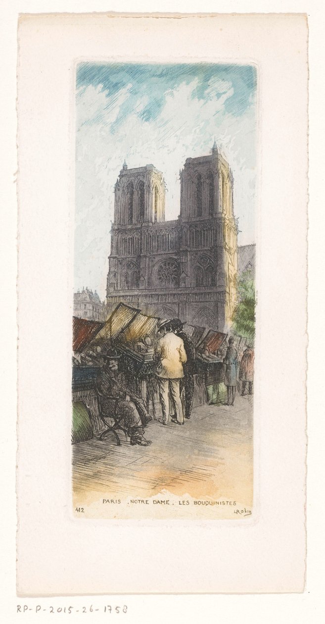 Veduta di Notre-Dame a Parigi con librai in primo piano da Léopold Robin