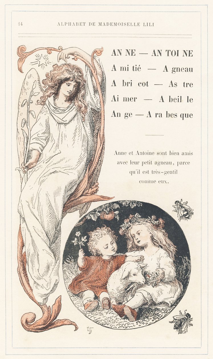 Anne, Antoine, Amicizia, Agnello, Albicocca, Stella, Amore, Ape, Angelo, Arabesco, pagina 14 - Alfabeto di Mademoiselle Lili, di L. Froelich e di un padre (Hetzel stesso). Bibliothèque & Magasin d
