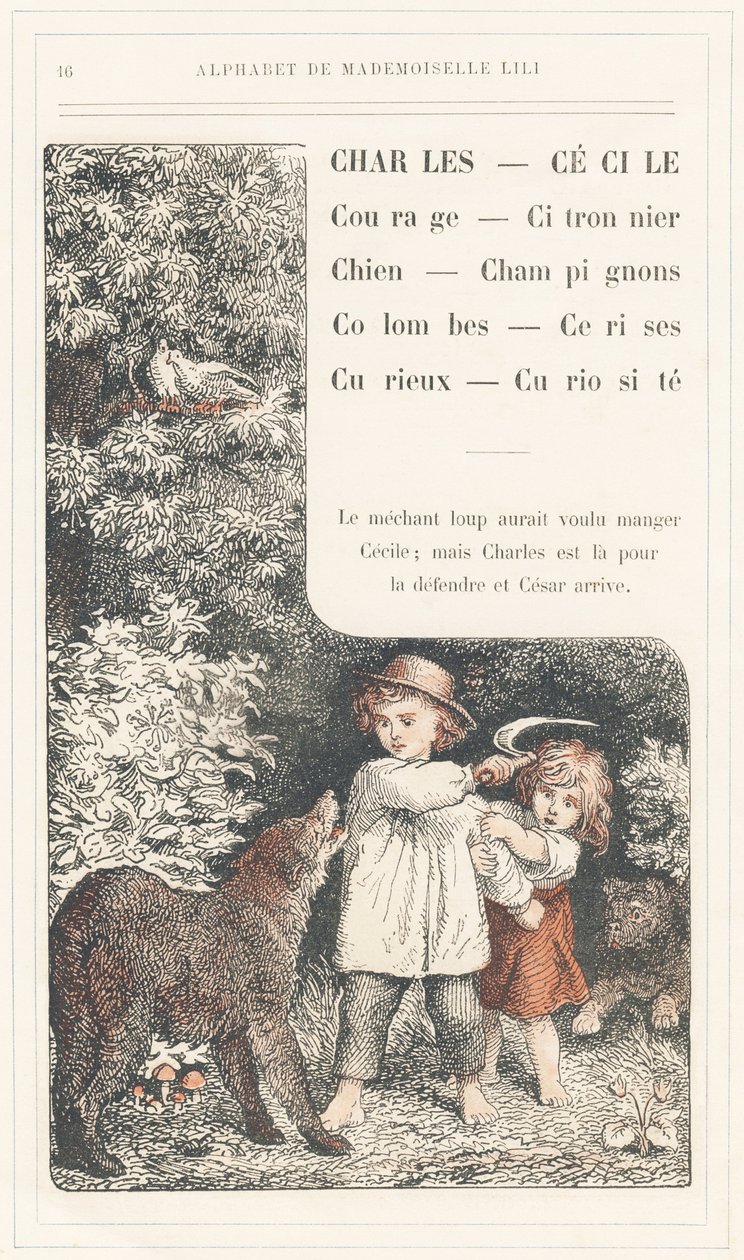 Charles, Cecile, Coraggio, Albero di limone, Cane, Funghi, Colombe, Ciliegie, Curioso, Curiosità, pagina 16 - Alfabeto di Mademoiselle Lili, di L. Froelich e di un papà (Hetzel stesso). Bibliothèque & Magasin d