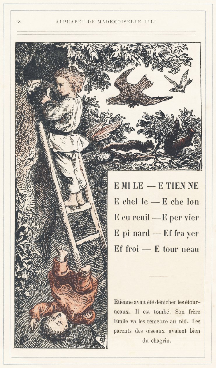 Emile, Etienne, Echelle, Echelon, Scoiattolo, Passero, Spinaci, Spaventapasseri, Farry, Stourneau, pagina 18 - Alfabeto di Mademoiselle Lili, di L. Froelich e di un papà (Hetzel stesso). Bibliothèque & Magasin d