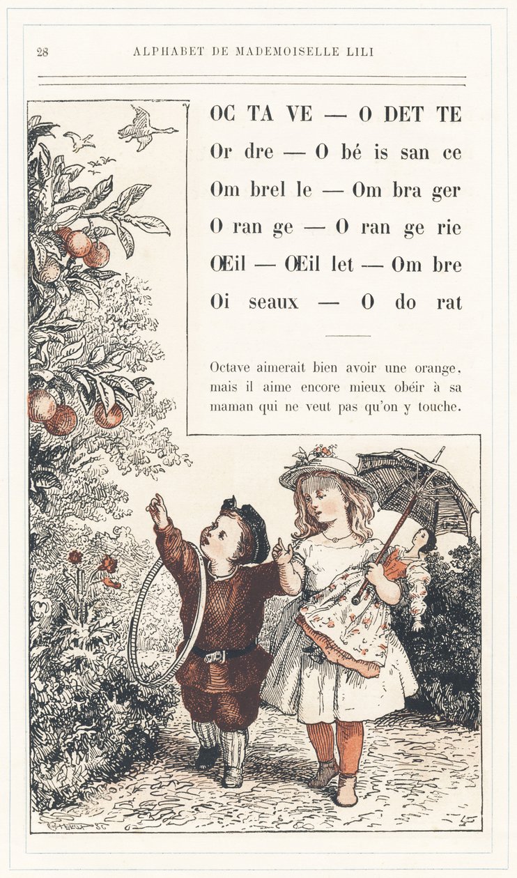 Ottava, Odette, Ordine, Obbedienza, Ombrello, Ombra, Arancia, Aranciera, Occhio, Garofano, Ombra, Uccelli, Odore, pagina 28 - Alfabeto di Mademoiselle Lili, di L. Froelich e di un papà (Hetzel stesso). Bibliothèque & Magasin d
