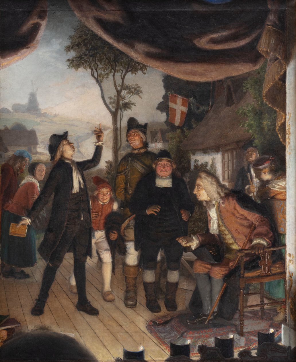 Ludvig Holberg assiste a una prova della sua commedia Erasmus Montanus, Atto IV, Scena 2 da Lorenz Frølich