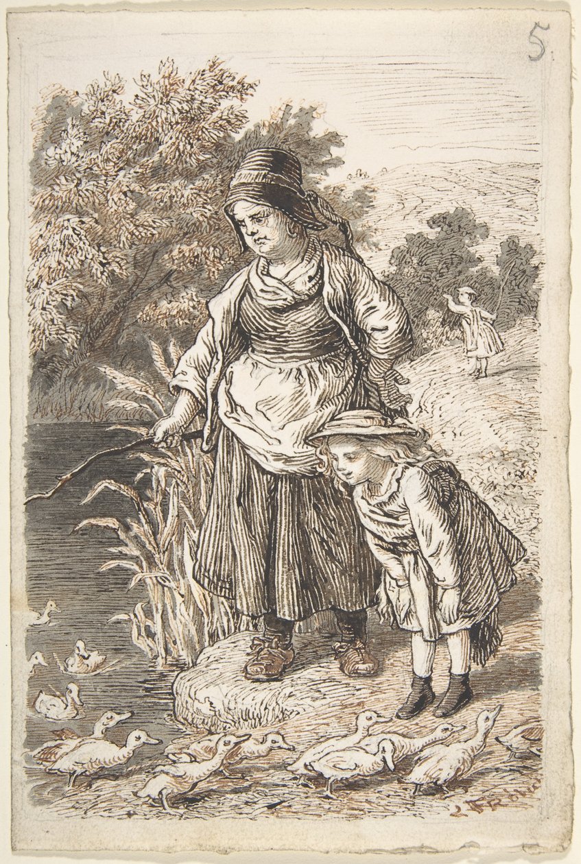 Donna e bambino presso uno stagno delle anatre da Lorenz Frølich