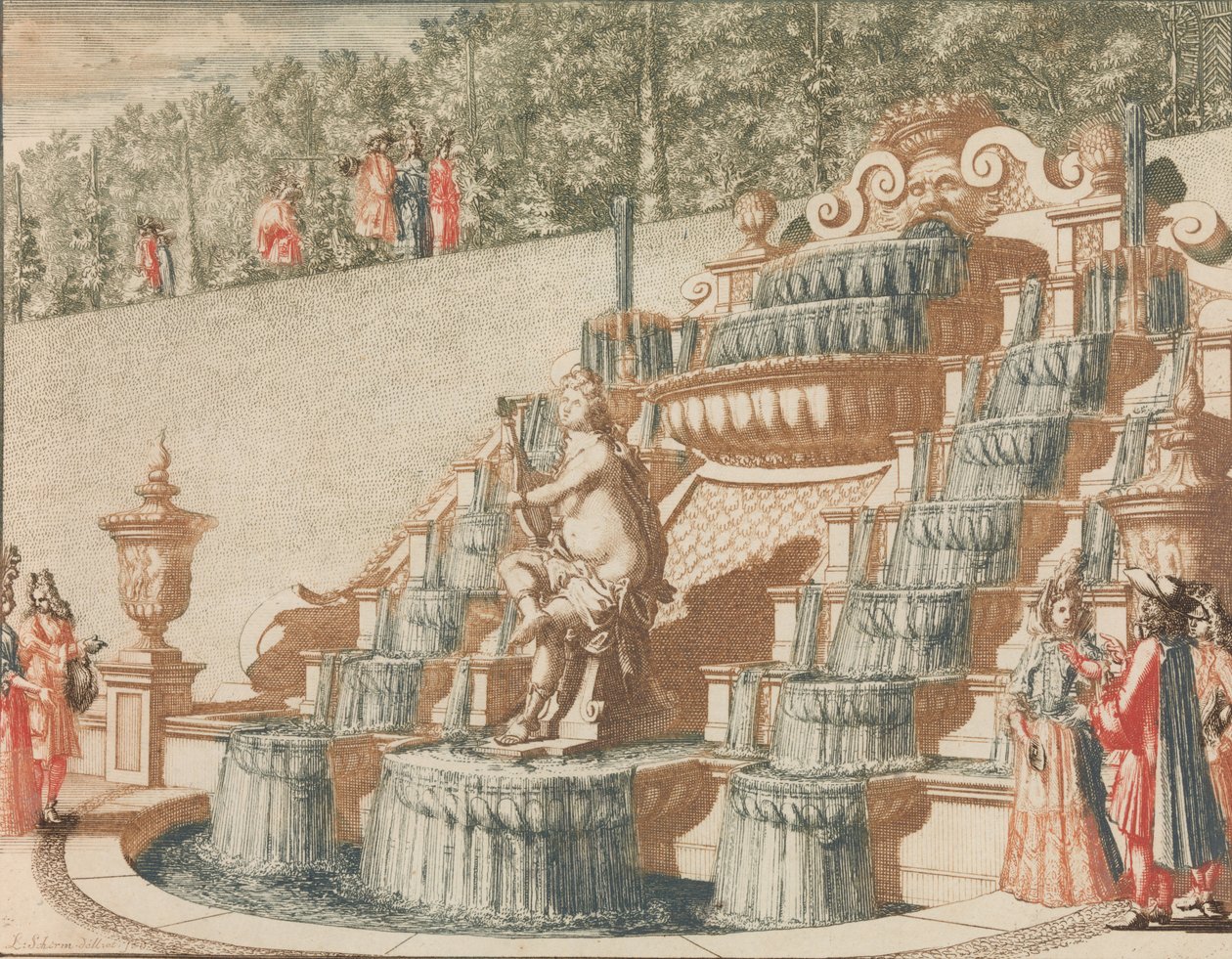 La cascata di Galathea, sul lato ovest del Grande Giardino, in: Tooneel Der Voornaamste..., n.d. da Lorenz Scherm