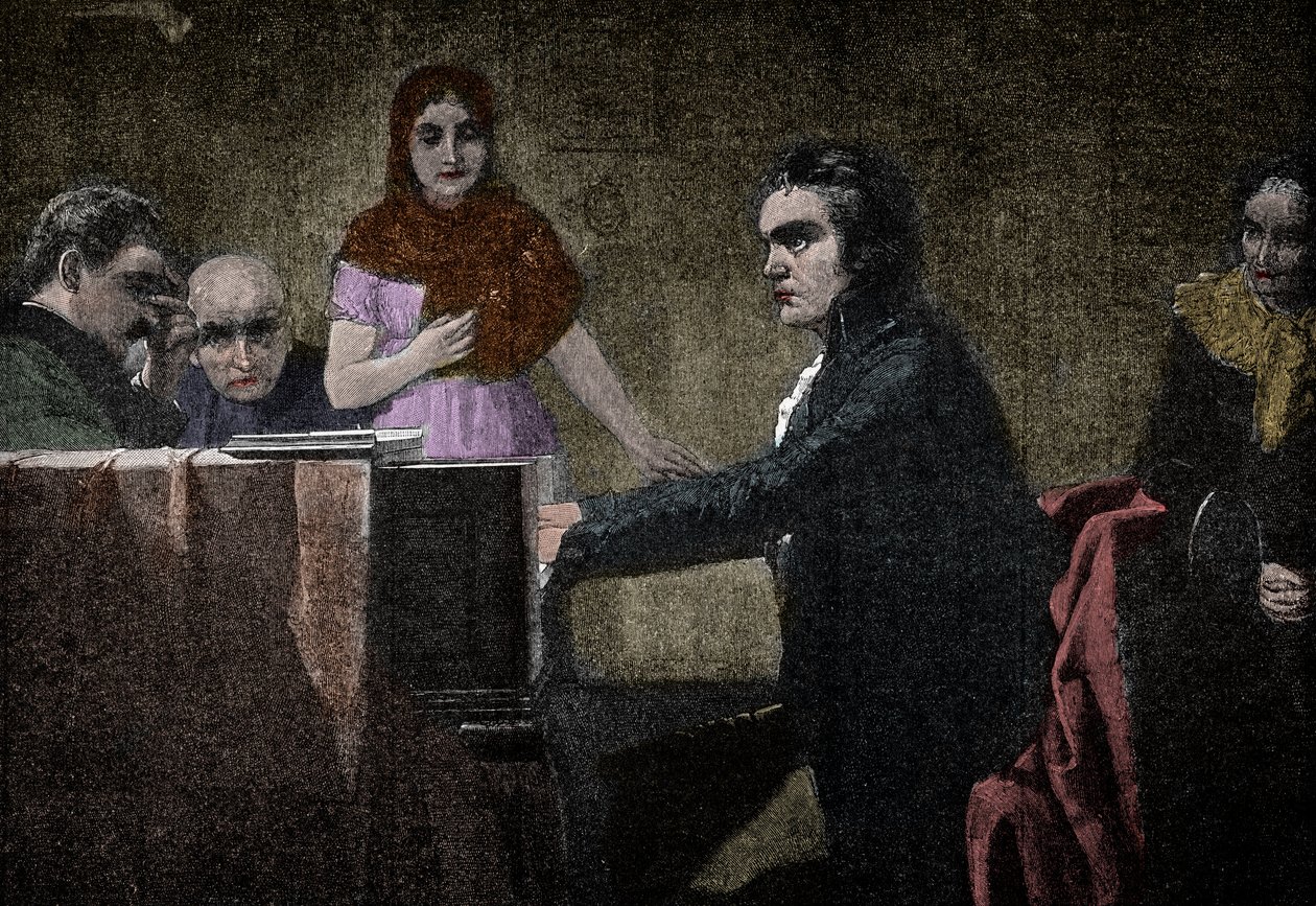 Ludwig van Beethoven suona la Sonata al chiaro di luna - incisione dopo Lorenz Vogel - Ludwig van Beethoven (1770-1827), musicista tedesco, che suona la sonata in UT minore (Chiaro di luna) dopo il dipinto di Lorenz Vogel (1846-1902) da Lorenz Vogel