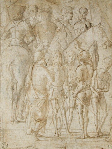 Gruppo di cavalieri e uomini in piedi da Lorenzo Costa