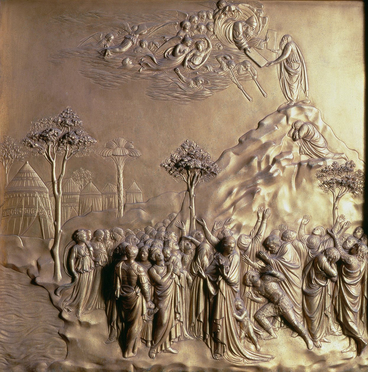 Mosè che riceve le Tavole della Legge, uno dei dieci pannelli in rilievo dalle Porte del Paradiso (porte est), 1425-52 da Lorenzo Ghiberti