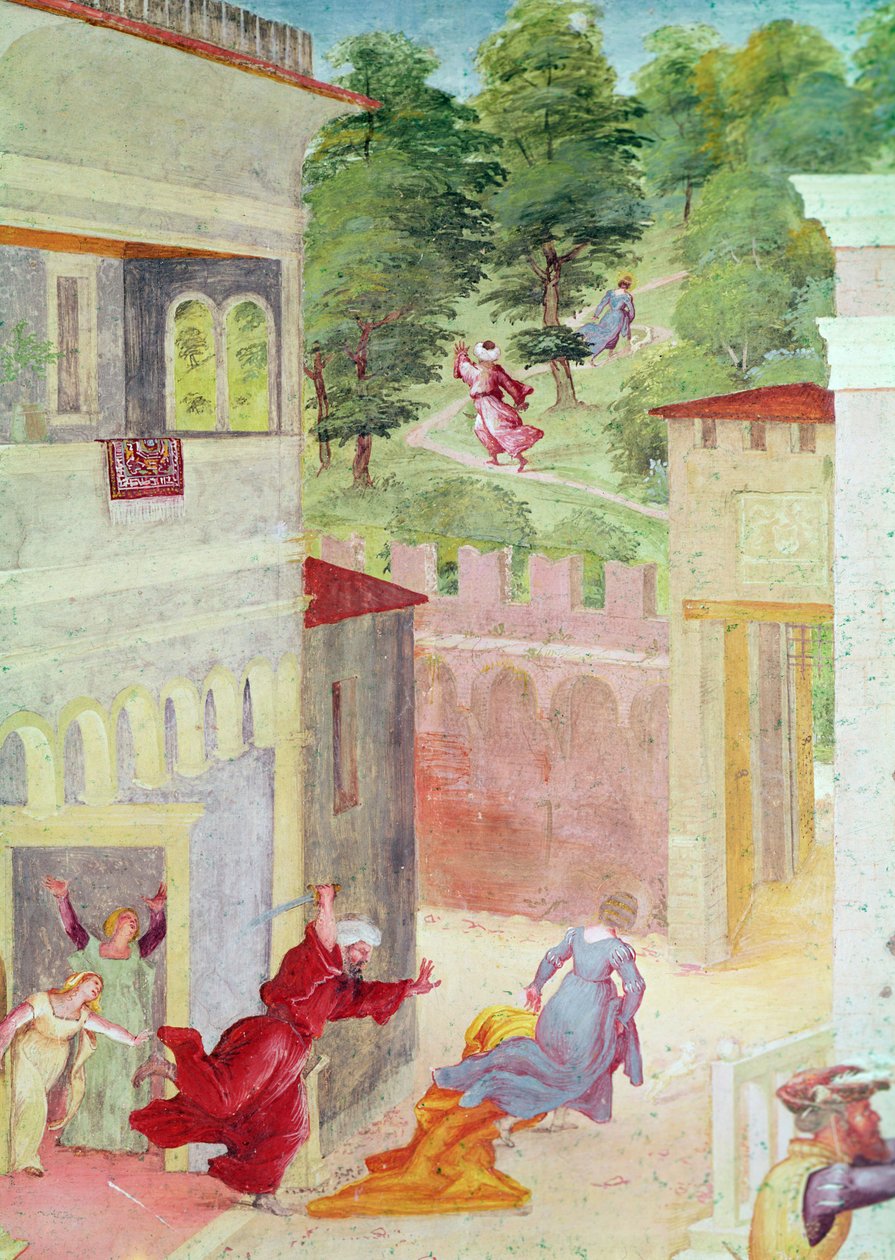 Scene della vita di Santa Barbara, (dettaglio) di Santa Barbara minacciata dal padre, c.1523-24 da Lorenzo Lotto