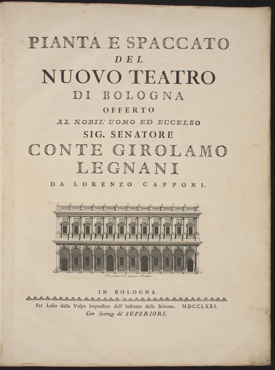 Pianta e sezione del nuovo teatro di Bologna da Lorenzo Capponi, after Antonio Galli Bibiena