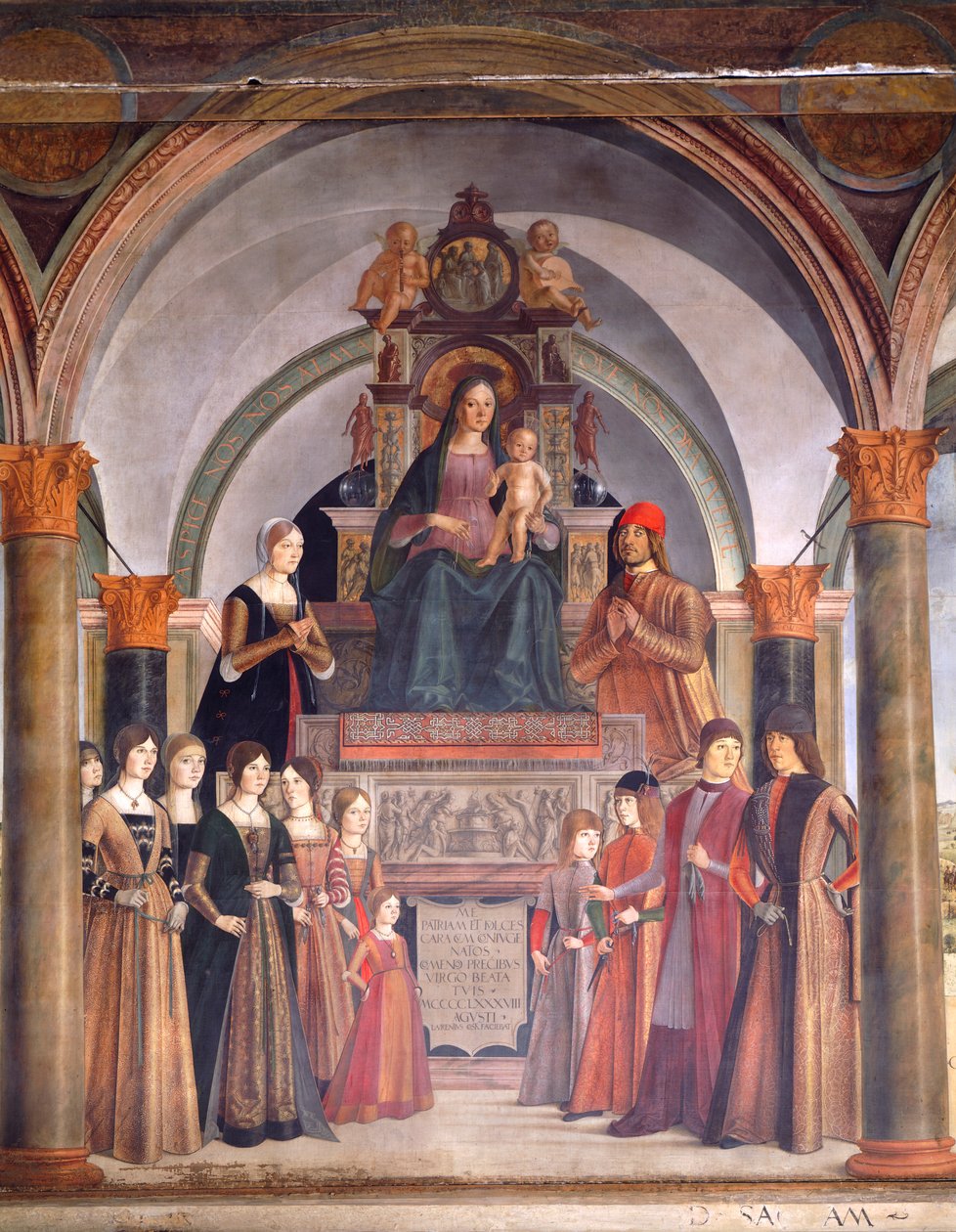 Madonna con Bambino e Angeli di Lorenzo Costa, cappella Bentivoglio nella Chiesa di San Giacomo Maggiore, Bologna, Italia da Lorenzo Costa
