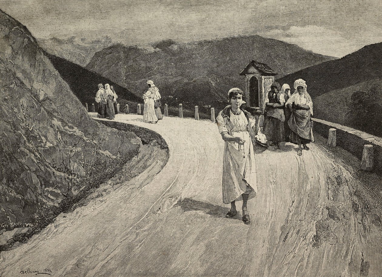 Sulla Via Sacra, pellegrina che cammina lungo il sentiero, Brera, Esposizioni Unite, Milano, Italia, incisione di F Cantagalli da dipinto di Lorenzo Delleani (1840-1908) da L